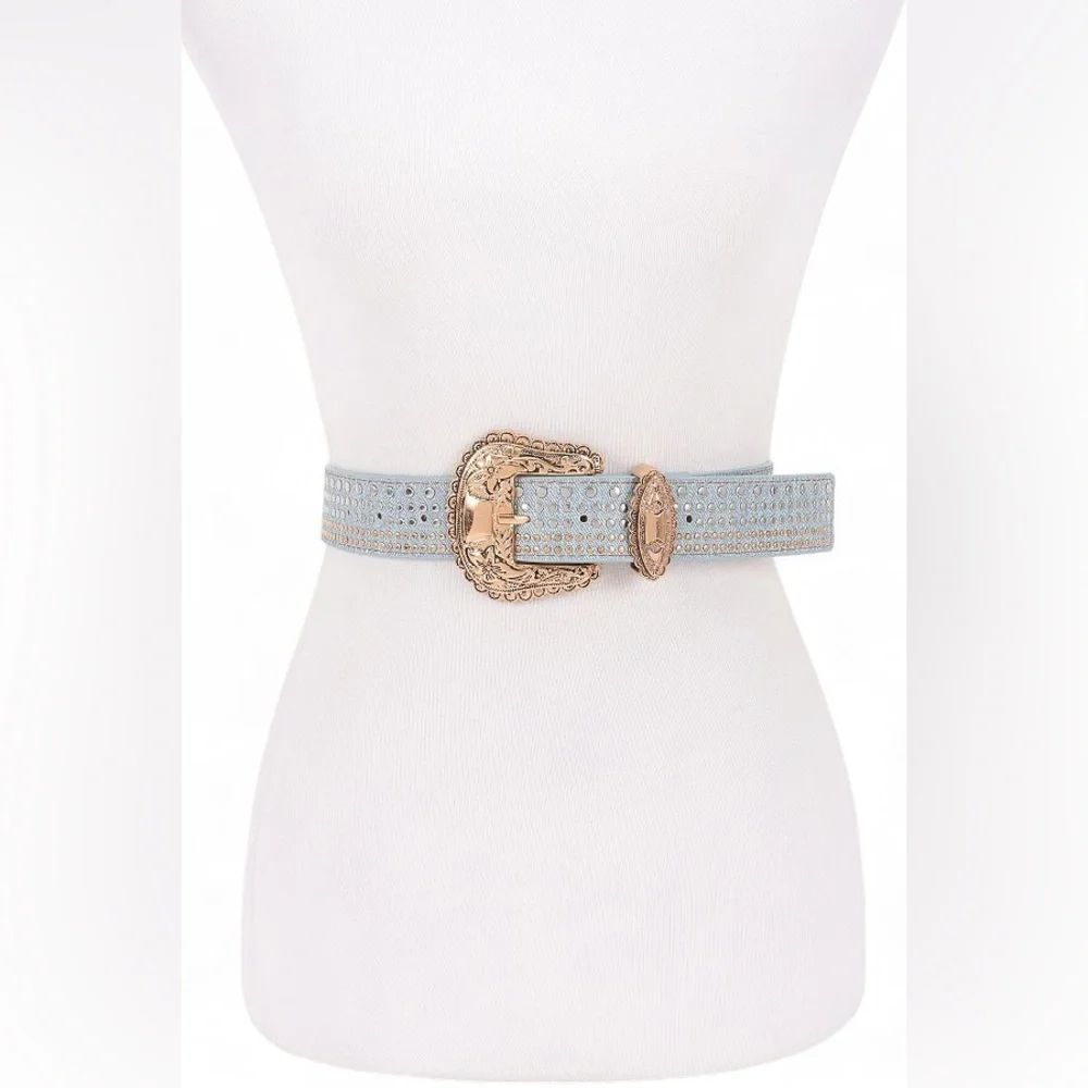 Blue Rhinestone Western Statement Belt with Gold or Silver Buckle